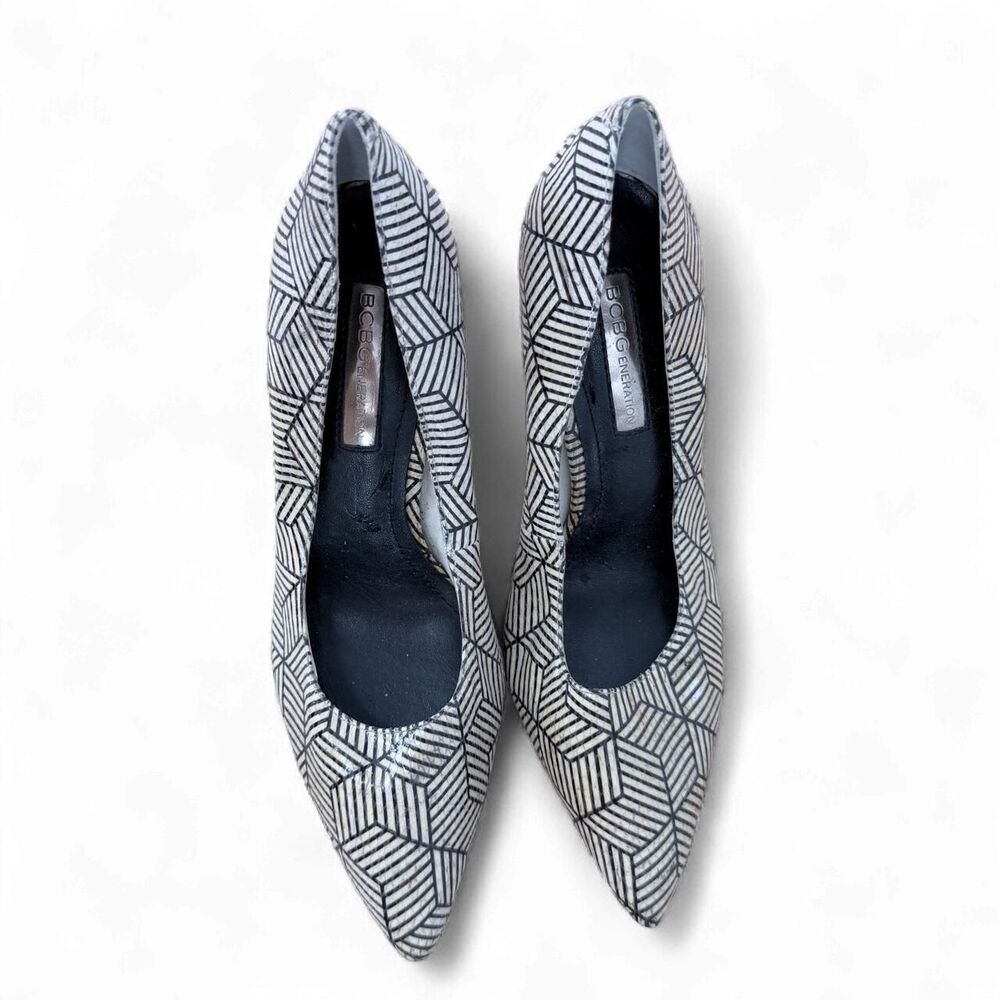 Geometric Line Pattern Pointed Toe Pumps Optical Illusion Art Deco Stilettos - Picture 2 of 8
